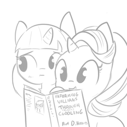 Size: 1080x1080 | Tagged: safe, artist:tjpones, derpy hooves, starlight glimmer, twilight sparkle, alicorn, pony, unicorn, g4, blushing, book, cuddling, dialogue, duo, duo female, female, friendshipping, glasses, grayscale, imminent snuggles, mare, misspelling, monochrome, nervous, platonic, platonic cuddling, reading, simple background, twilight sparkle (alicorn), white background