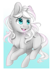Size: 2893x4092 | Tagged: safe, artist:pillonchou, oc, oc only, oc:zancii, pony, unicorn, blank flank, colored pupils, commission, cute, female, high res, looking back, mare, ocbetes, open mouth, raised hoof, smiling, solo, white hair, white mane, ych result
