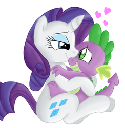 Size: 794x812 | Tagged: safe, artist:jbond, artist:mickeymonster, color edit, edit, rarity, spike, dragon, pony, unicorn, g4, bedroom eyes, colored, duo, female, heart, hug, male, mare, painting, ship:sparity, shipping, simple background, spikelove, straight, white background