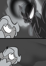 Size: 666x950 | Tagged: safe, artist:egophiliac, nightmare moon, princess luna, alicorn, pony, moonstuck, g4, angry, ask, dark woona, filly, frown, glare, grayscale, monochrome, nightmare woon, raised hoof, surprised, tumblr, wide eyes, woona, younger