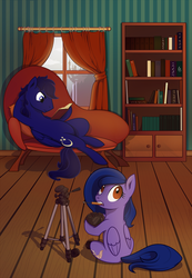 Size: 832x1200 | Tagged: safe, artist:28gooddays, oc, oc only, pony, book, camera, couch, female, male, mare, mouth hold, reading, screwdriver, stallion, tripod