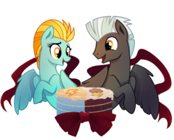 Size: 1280x1033 | Tagged: safe, artist:28gooddays, lightning dust, thunderlane, pegasus, pony, g4, cake, duo, duo male and female, female, food, male, mare, open mouth, shipping, simple background, stallion, straight, thunderdust, transparent background