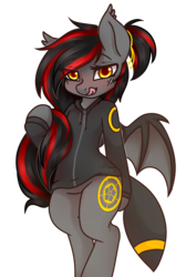 Size: 1949x2904 | Tagged: safe, artist:ruef, oc, oc only, oc:tomoko tanue, bat pony, pony, umbreon, fallout equestria, clothes, female, hoodie, mare, pokémon, ponytail, solo