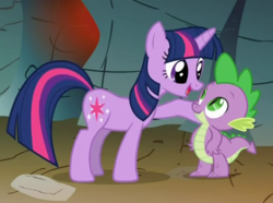 Size: 510x380 | Tagged: safe, screencap, spike, twilight sparkle, dragon, a dog and pony show, g4, cropped