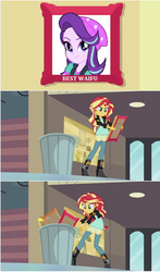 Size: 554x942 | Tagged: safe, edit, edited screencap, screencap, starlight glimmer, sunset shimmer, equestria girls, equestria girls specials, g4, movie magic, my past is not today, angry, beanie, bust, clothes, female, frown, gritted teeth, hat, mare, meme, op is a duck, op is trying to start shit, portrait, screencap comic, smiling, smirk, solo, throwing, trash can, your waifu is trash