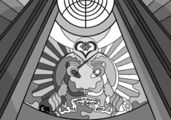 Size: 500x350 | Tagged: safe, artist:dantheman, fanfic:chrysalis visits the hague, black and white, canterlot, canterlot castle, castle, ceiling, crown, equestrian, fanfic, fanfic art, fimfiction, fimfiction.net link, glass, grayscale, heart, hoofbump, jewelry, monochrome, palace, pillar, regalia, royal guard, scroll, stained glass, window, writing