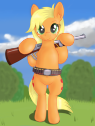 Size: 1536x2048 | Tagged: safe, artist:negasun, applejack, earth pony, pony, g4, belt, bipedal, both cutie marks, cloud, female, freckles, grass, gun, looking at you, missing accessory, shotgun, sky, smiling, solo, standing on two hooves, weapon