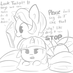 Size: 1080x1080 | Tagged: safe, artist:tjpones, starlight glimmer, twilight sparkle, alicorn, pony, unicorn, g4, book, dialogue, duo, duo female, female, floppy ears, grayscale, lying on top of someone, mare, monochrome, pillow, platonic, platonic cuddling, reading, simple background, twilight sparkle (alicorn), white background