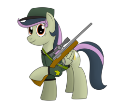 Size: 2500x2300 | Tagged: safe, artist:cloudy95, oc, oc only, oc:goldie sky, pegasus, pony, clothes, cutie mark, female, gun, high res, hooves, mare, offspring, optical sight, parent:fluttershy, parent:oc:alex live, parents:canon x oc, rifle, simple background, smiling, sniper rifle, solo, transparent background, weapon, wings