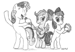 Size: 1000x700 | Tagged: safe, artist:videogamer-phil, apple bloom, scootaloo, sweetie belle, earth pony, pony, g4, bipedal, cutie mark crusaders, guitar, microphone, musical instrument, tambourine, traditional art