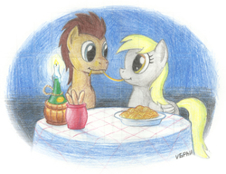 Size: 975x750 | Tagged: safe, artist:videogamer-phil, derpy hooves, doctor whooves, time turner, earth pony, pegasus, pony, g4, :t, candle, cute, duo, eating, eye contact, female, food, lady and the tramp, looking at each other, male, mare, pasta, ship:doctorderpy, shipping, smiling, spaghetti, spaghetti scene, stallion, straight, table, traditional art