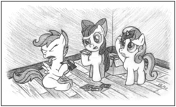 Size: 1120x680 | Tagged: safe, artist:videogamer-phil, apple bloom, scootaloo, sweetie belle, earth pony, pegasus, pony, unicorn, g4, cutie mark crusaders, disgusted, female, filly, floppy disk, foal, horn, horn impalement, monochrome, puzzled, tongue out, traditional art, trio