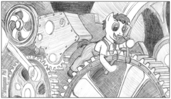 Size: 1070x620 | Tagged: safe, artist:videogamer-phil, pony, charlie chaplin, gears, modern times, monochrome, ponified, solo, traditional art