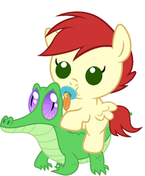 Size: 836x1017 | Tagged: safe, artist:red4567, care package, gummy, special delivery, pony, g4, baby, baby pony, care package riding gummy, cute, pacifier, ponies riding gators, riding