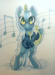 Size: 1076x1459 | Tagged: safe, artist:vincher, lyra heartstrings, pony, unicorn, fanfic:background pony, g4, bipedal, clothes, crying, dig the swell hoodie, female, hoodie, looking at you, lyre, magic, music notes, musical instrument, sad, solo, traditional art