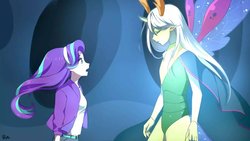 Size: 1422x800 | Tagged: safe, artist:罗斯, starlight glimmer, thorax, changedling, changeling, human, g4, to where and back again, eyes closed, female, humanized, king thorax, male, pixiv, scene interpretation