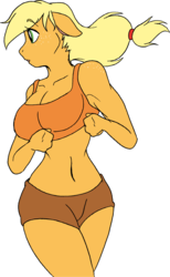 Size: 1312x2132 | Tagged: safe, artist:ayyysooo, applejack, anthro, g4, belly button, breasts, busty applejack, cleavage, clothes, female, floppy ears, looking back, midriff, running, shorts, simple background, solo, sports bra