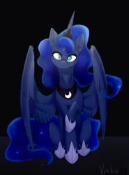 Size: 1495x2017 | Tagged: safe, artist:vincher, princess luna, alicorn, pony, g4, black background, female, heart eyes, looking at you, raised hoof, simple background, sitting, smiling, solo, spread wings, wing fluff, wingding eyes