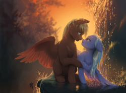 Size: 5111x3759 | Tagged: safe, artist:katputze, cloudchaser, oc, oc:neostrike, pegasus, pony, g4, absurd resolution, canon x oc, commission, couple, female, floppy ears, looking at each other, male, mare, neochaser, shipping, shoulder fluff, sitting, smiling, stallion, straight, water, wet mane, wing fluff