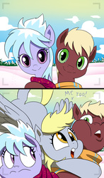 Size: 2481x4219 | Tagged: safe, artist:doublewbrothers, cloudchaser, derpy hooves, oc, oc:neostrike, pegasus, pony, g4, canon x oc, clothes, comic, female, high res, looking at you, male, mare, moment killer, neochaser, photobomb, scarf, shipping, smiling, snow, straight, third wheel, tree, winter