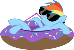 Size: 1082x739 | Tagged: dead source, safe, artist:missbeigepony, rainbow dash, pegasus, pony, g4, pinkie pride, donut, female, floaty, food, inner tube, simple background, solo, straw, sunglasses, transparent background, vector