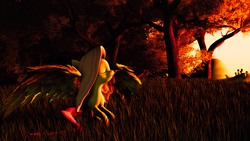 Size: 3840x2160 | Tagged: safe, artist:koni126, fluttershy, g4, 3d, dawn, eyes closed, female, forest, grass, high res, sitting, smiling, solo, source filmmaker, spread wings, sunrise