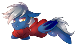 Size: 2728x1628 | Tagged: safe, artist:drawntildawn, oc, oc only, oc:silver tongue, bat pony, pony, annoyed, clothes, hoodie, male, piercing, solo