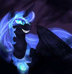 Size: 1068x1086 | Tagged: safe, artist:not-ordinary-pony, nightmare moon, alicorn, pony, g4, evil grin, fangs, female, glowing eyes, grin, helmet, looking at something, slit pupils, smiling, solo