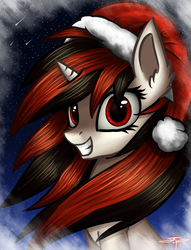 Size: 554x727 | Tagged: safe, artist:setharu, oc, oc only, oc:blackjack, pony, fallout equestria, christmas, cute, ear fluff, female, grin, hat, holiday, looking at you, mare, night, outdoors, santa hat, shooting star, signature, sky, smiling, solo, stars, windswept mane, winter