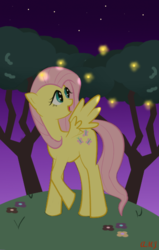 Size: 380x598 | Tagged: dead source, safe, artist:redeverose, fluttershy, firefly (insect), g4, female, night, solo, tree