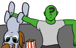 Size: 1280x812 | Tagged: safe, artist:neuro, oc, oc only, oc:anon, oc:littlepip, human, pony, unicorn, fallout equestria, bellyrubs, couch, cute, female, food, mare, on back, popcorn, simple background, sound effects, transparent background, upside down