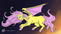 Size: 1920x1080 | Tagged: safe, artist:obscuredragone, fluttershy, bat pony, pony, g4, female, flutterbat, flying, missing cutie mark, night, race swap, solo, sunrise, twilight (astronomy), unshorn fetlocks