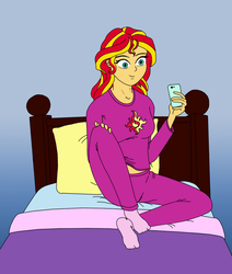 Size: 1149x1354 | Tagged: safe, artist:strawberryjuice, sunset shimmer, equestria girls, g4, bed, clothes, feet, female, pajamas, phone, socks, solo