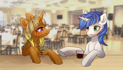 Size: 3500x2000 | Tagged: safe, artist:miioko, oc, oc only, oc:aire, oc:shifting gear, pony, unicorn, blushing, drink, duo, female, green eyes, high res, looking at each other, male, mare, request, requested art, stallion