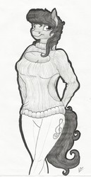 Size: 1776x3433 | Tagged: safe, artist:lupiarts, octavia melody, anthro, g4, arm behind back, backless, black and white, clothes, female, grayscale, looking at you, monochrome, open-back sweater, pants, signature, simple background, smiling, solo, sweater, traditional art
