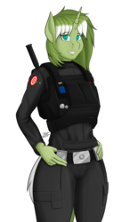 Size: 1024x1750 | Tagged: safe, artist:paburrito, oc, oc only, oc:dart, unicorn, anthro, anthro oc, crossover, female, hand on hip, looking at you, mare, rogue one: a star wars story, signature, simple background, smiling, solo, star wars, transparent background