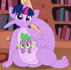 Size: 2764x2710 | Tagged: safe, alternate version, artist:badumsquish, derpibooru exclusive, spike, twilight sparkle, kangaroo, kangaroonicorn, g4, book, chubby, cute, female, high res, looking at you, mama twilight, pouch, sitting, smiling, solo, species swap, sultry pose