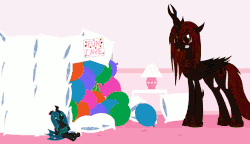 Size: 500x288 | Tagged: safe, artist:mixermike622, queen chrysalis, oc, oc:fluffle puff, oc:marksaline, g4, animated, atomic bomb, balloon, boop, canon x oc, chrysalis plushie, couch, doll, explosion, female, fun cave, gif, lesbian, nuclear explosion, nuclear weapon, plushie, ship:chrysipuff, shipping, static electricity, toy, tsar bomba, varying degrees of want, weapon, weapons-grade boop