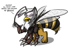 Size: 3289x2371 | Tagged: safe, artist:virmir, gilda, griffon, insect, wasp, g4, female, fluffy, fusion, high res, multiple eyes, open mouth, pun, simple background, solo, species swap, stinger, transparent background, wat