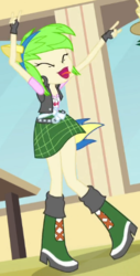 Size: 240x473 | Tagged: safe, screencap, cherry crash, sweet leaf, equestria girls, g4, my little pony equestria girls, boots, clothes, cropped, devil horn (gesture), fingerless gloves, gloves, helping twilight win the crown, high heel boots, open mouth, pony ears