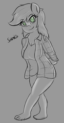 Size: 987x1885 | Tagged: safe, artist:sanzols, applejack, earth pony, anthro, plantigrade anthro, g4, barefoot, clothes, feet, female, looking at you, monochrome, shirt, smiling, solo