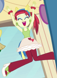 Size: 415x566 | Tagged: safe, screencap, pinkie pie, rose heart, sweet leaf, equestria girls, g4, my little pony equestria girls, cropped, eyes closed, female, heart, jumping, open mouth, pony ears, solo