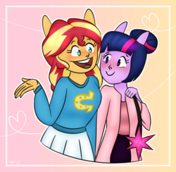 Size: 820x800 | Tagged: safe, artist:puppymoth, sci-twi, sunset shimmer, twilight sparkle, anthro, equestria girls, g4, alternate clothes, date, faic, female, lesbian, looking at each other, ship:sci-twishimmer, ship:sunsetsparkle, shipping, wondercolts uniform