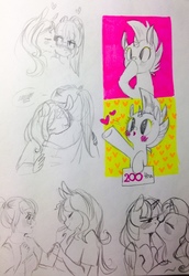 Size: 882x1280 | Tagged: safe, artist:theorderofalisikus, sci-twi, sunset shimmer, twilight sparkle, oc, alicorn, pony, unicorn, anthro, g4, anthro with ponies, blowing a kiss, blushing, cheek kiss, female, followers, heart, kiss on the shoulder, kissing, lesbian, milestone, ship:sci-twishimmer, ship:sunsetsparkle, shipping, sketch, traditional art, twilight sparkle (alicorn)