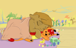 Size: 1280x813 | Tagged: safe, artist:rutkotka, oc, oc only, blanket, cute, drawing, female, filly, ocbetes, plushie, sleeping, solo, toy