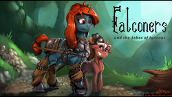 Size: 800x450 | Tagged: safe, artist:eztp, oc, oc only, pony, unicorn, fanfic:falconers and the ashes of igneous, armor, commission, duo, fanfic, fanfic art, fanfic cover, female, forest, looking at each other, male, mare, stallion, sword, title card, tree, weapon