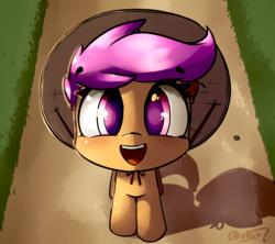 Size: 3708x3288 | Tagged: safe, artist:luxaestas, scootaloo, pegasus, pony, g4, asian conical hat, cute, cutealoo, female, filly, hat, high res, looking at you, open mouth, pathway, shadow, smiling, solo