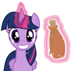 Size: 3889x3880 | Tagged: safe, artist:cloudyskie, twilight sparkle, alicorn, pony, g4, what about discord?, .ai available, bottle, female, folded wings, glowing horn, grin, high res, horn, looking at you, magic, mare, simple background, smiling, solo, transparent background, twilight sparkle (alicorn), vector