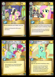 Size: 714x1000 | Tagged: safe, enterplay, fluttershy, gentle breeze, posey shy, zephyr breeze, pegasus, pony, defenders of equestria, g4, my little pony collectible card game, ccg, female, folded wings, male, mare, merchandise, raised hoof, ship:shys, stallion, tail, the shy family, wings