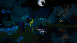 Size: 3840x2160 | Tagged: safe, artist:dj-chopin, derpy hooves, roseluck, pegasus, pony, g4, 3d, bench, candle, doctor who, female, flower, high res, lantern, mare, moon, night, prone, raised hoof, scenery, sleeping, source filmmaker, stars, table, tardis, water